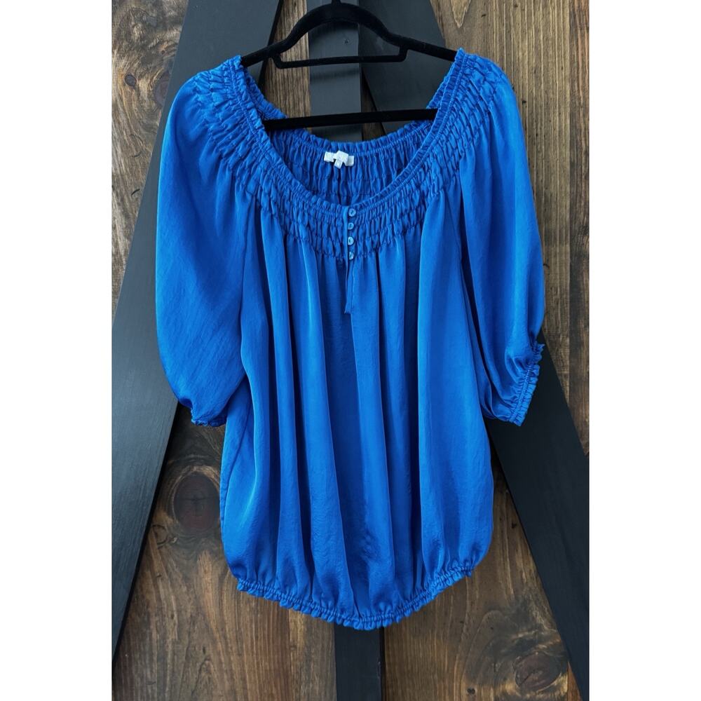 Violet & Claire Cobalt Blue Silky Blouse, Elastic Waist, Smocked Neckline XL